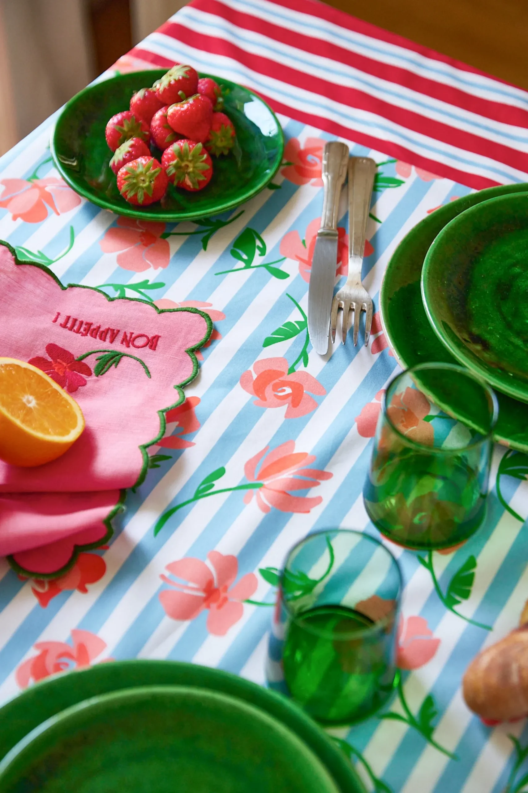 Make My Lemonade NAPPE AMELIA BLUE FLOWERS STRIPES< Art De La Table|Le Linge
