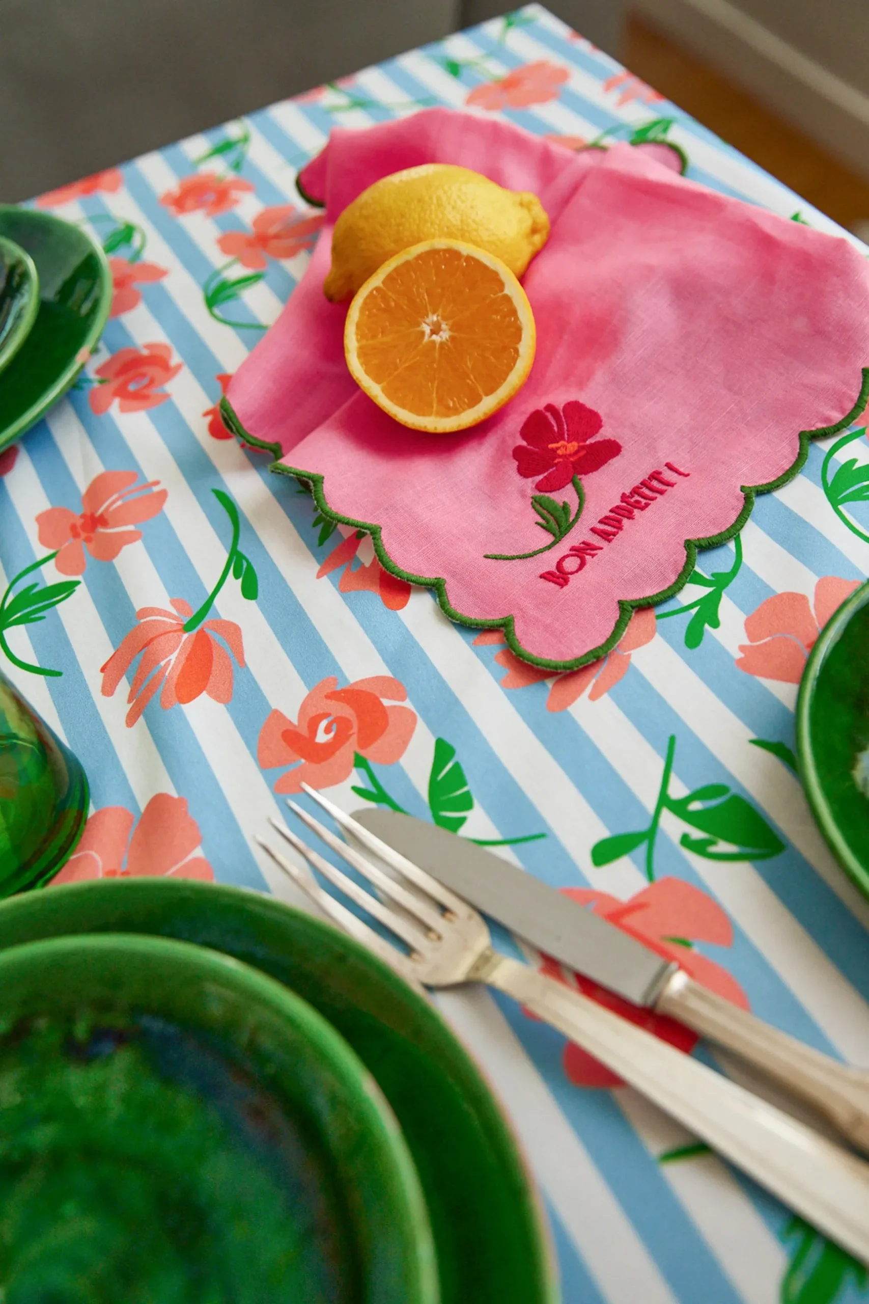 Make My Lemonade NAPPE AMELIA BLUE FLOWERS STRIPES< Art De La Table|Le Linge